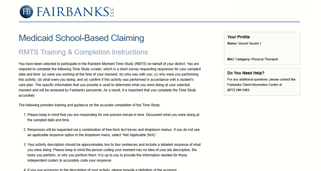 Screenshot of the Fairbanks RMTS training page.